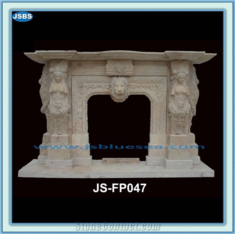 Hand Carved, Imperial Yellow Travertine Fireplace