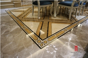 Yunfu Water-Jet Crema Marfil Ceramic Backed Lamnated Marble Medallions Floor Design