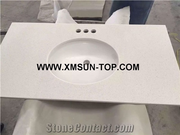 Artificial White Quartz Bathroom Countertops with Round Sinks Cut/Ice White Quartz Custom Vanity Tops/Manmade Stone Bathroom Vanity Tops/Quartz Stone Vanity Tops/Engineered Stone Bathroom