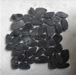 Black Sliced Pebble Mosaic Tile/Natural River Stone Mosaic for Wall Covering&Flooring/Pebble Mosaic in Mesh/Double Surface Cut Pebble Mosaic/Pebble Mosaic for Bathroom&Kitchen/Interior Decoration
