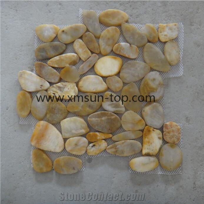 Yellow Sliced Pebble Mosaic Tile/Natural River Stone Mosaic for Wall Covering&Flooring/Pebble Mosaic in Mesh/Double Surface Cut Pebble Mosaic/Pebble Mosaic for Bathroom&Kitchen/Interior Decoration