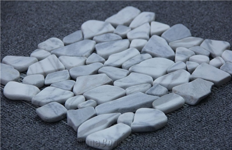 Italy Venato Carrara White Marble Chipped Mosaic, River Rocks Pebble Mosaic Tile