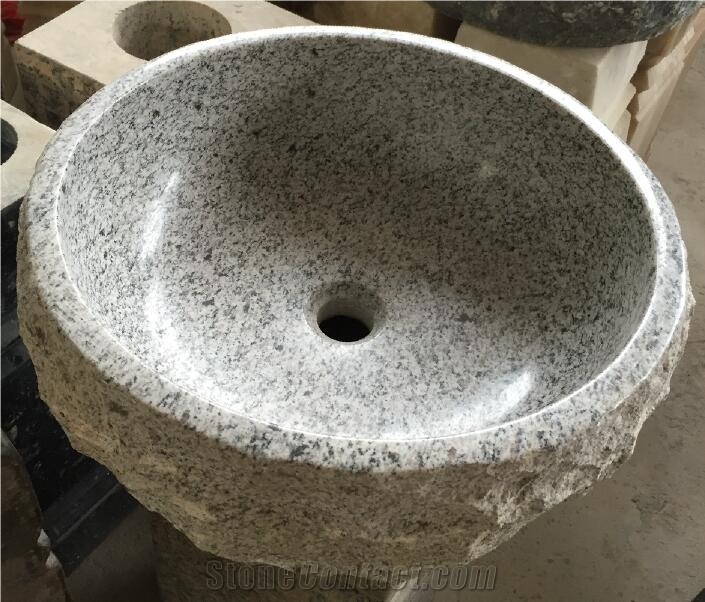 Round Granite Stone Vessel Sinks & Basins, White Granite, Rough Exterior