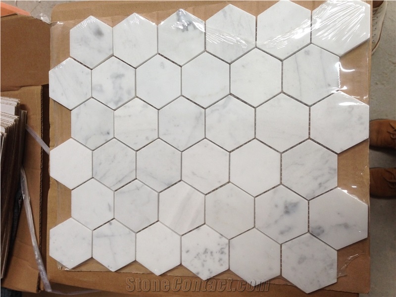 Home Decoration Use and 3d Sticker Type High Quality Mosaic Tile Italian Carrara Bianco Honed Hexagon Marble Mosaic