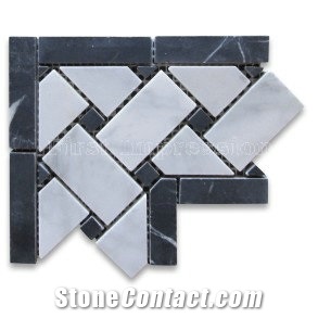 Carrara Marble Basketweave Mosaic Corner Black Dots Polished/Carrara White Marble Corner Mosaic Tiles Patern