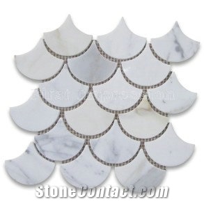 White Marble Fan Shape Mosaic Tiles /Calacatta Carrara White Marble Mosaic Tiles Polished Surface Fish /Fan Shaped Marble Mosaic Tiles