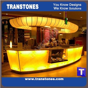 Modern Cafeteria Bar Counter with Quartz Stone Tops and Translucent Stone Onyx Alabaster Sheet