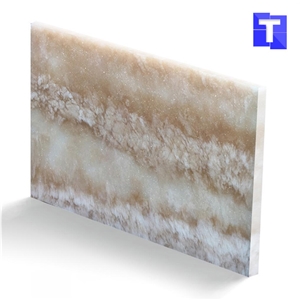 Slight Brown with White Faux Alabaster Resin Sheet Artificial Onyx Marble Cross Vein Cut Slabs for Led Coffee Table Designs
