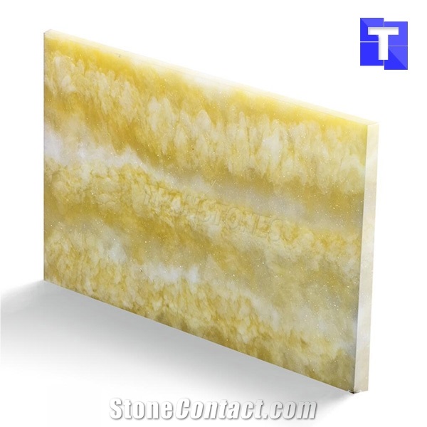 White with Yellow Alabaster Onyx Stone Panels Artificial Marble Slabs for Office Table and Bar Counter Designs