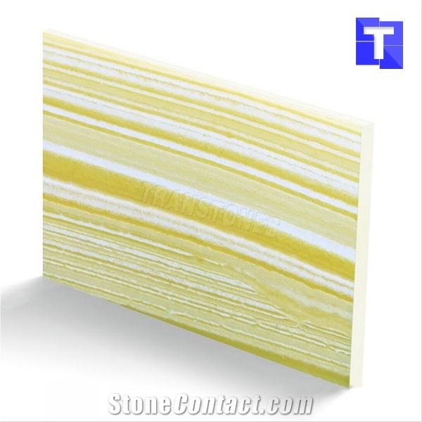 Yellow & White Straight Veins Faux Alabaster Resin Sheets Artificial Onyx Marble Slab Tiles for Kitchen Tops and Office Table Designs