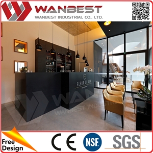 Black Solid Surface Straight Bar Counter Design with Back Wall Wine Cabinets Elegant Cafe Bar Counter with Customized Logo