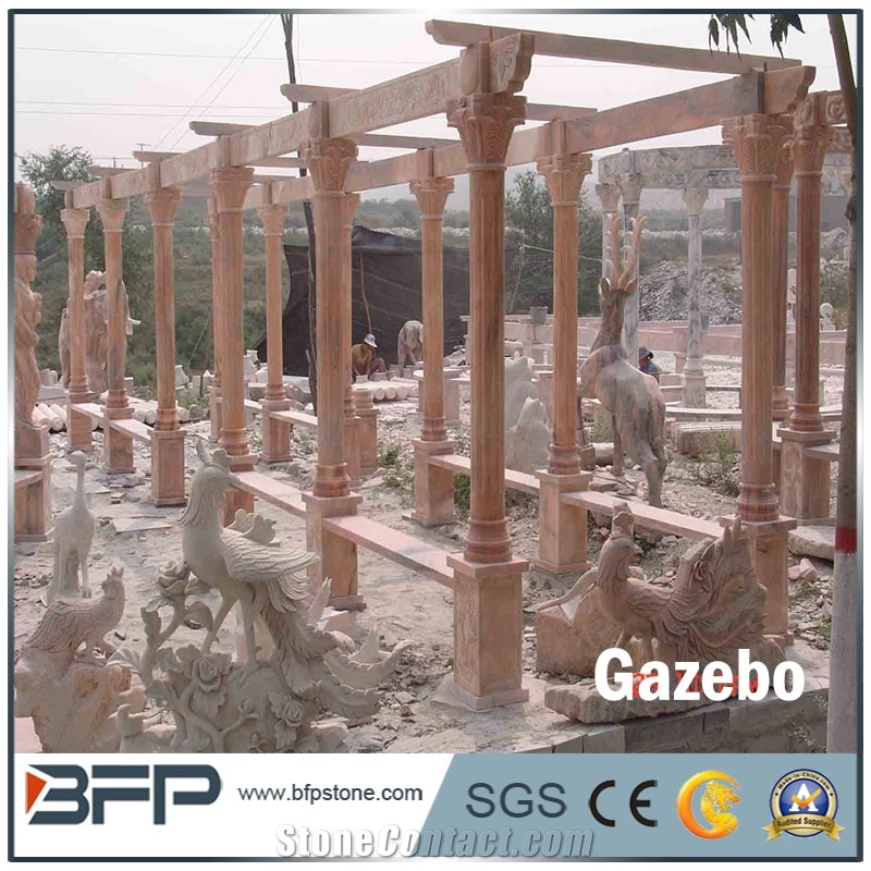 Beige Marble Gazebo with Cast Iron Roof for Garden, Yellow Cream Beige Marble Gazebo