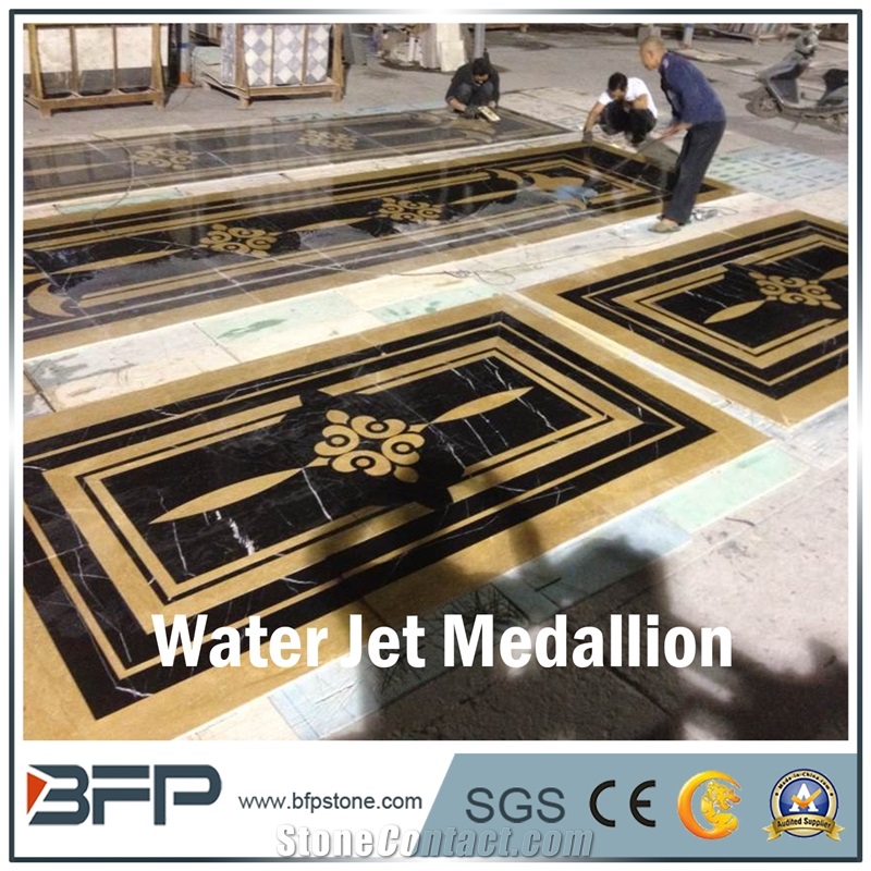 Black and Beige Marble Medallion, Marble Water Jet Medallion, Marble Water Jet Pattern, Square Medallion, Floor Medallion, Wall Cladding, Background Wall