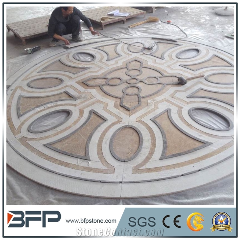 Floor Decoration Design, Beige White Marble Medallion, Marble Water Jet Pattern or Water Jet Medallion, Round Medallion, Floor Medallion for High-End Hotel and Wall Cladding