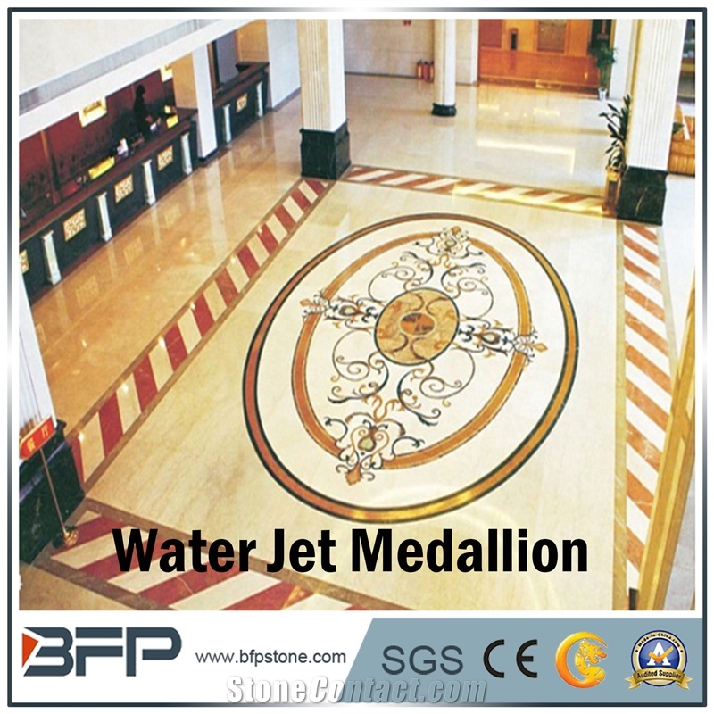 Floor Decoration Design, Coffee and Beige Marble Medallion, Marble Water Jet Pattern or Water Jet Medallion, Round Medallion, Rosettes Medallion, Floor Medallion for High-End Hotel and Lobby
