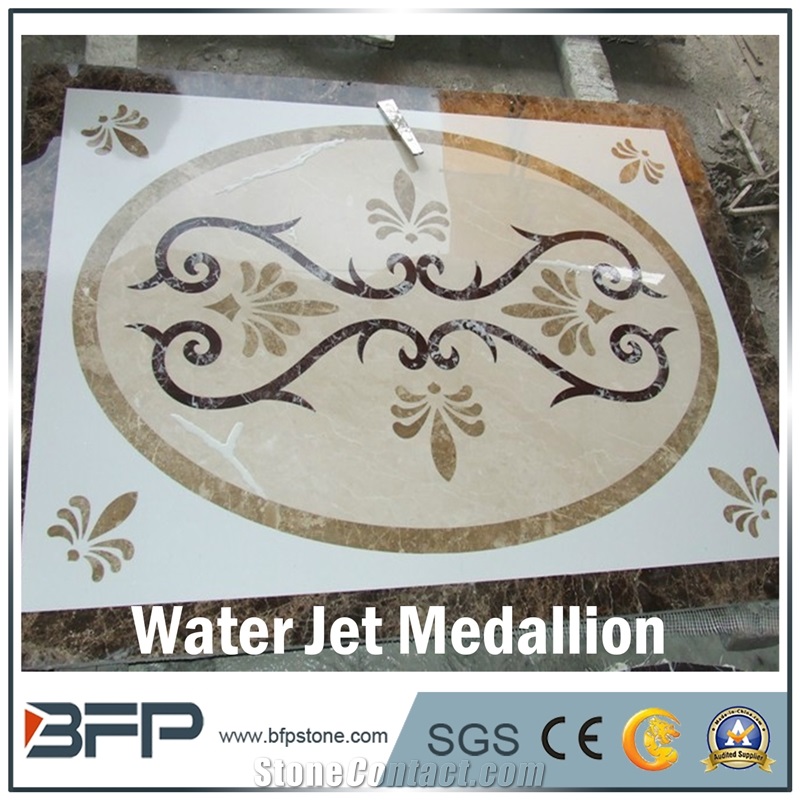 Floor Decoration Design, Coffee and Beige Marble Medallion, Marble Water Jet Pattern or Water Jet Medallion, Round Medallion, Rosettes Medallion, Floor Medallion for High-End Hotel and Lobby