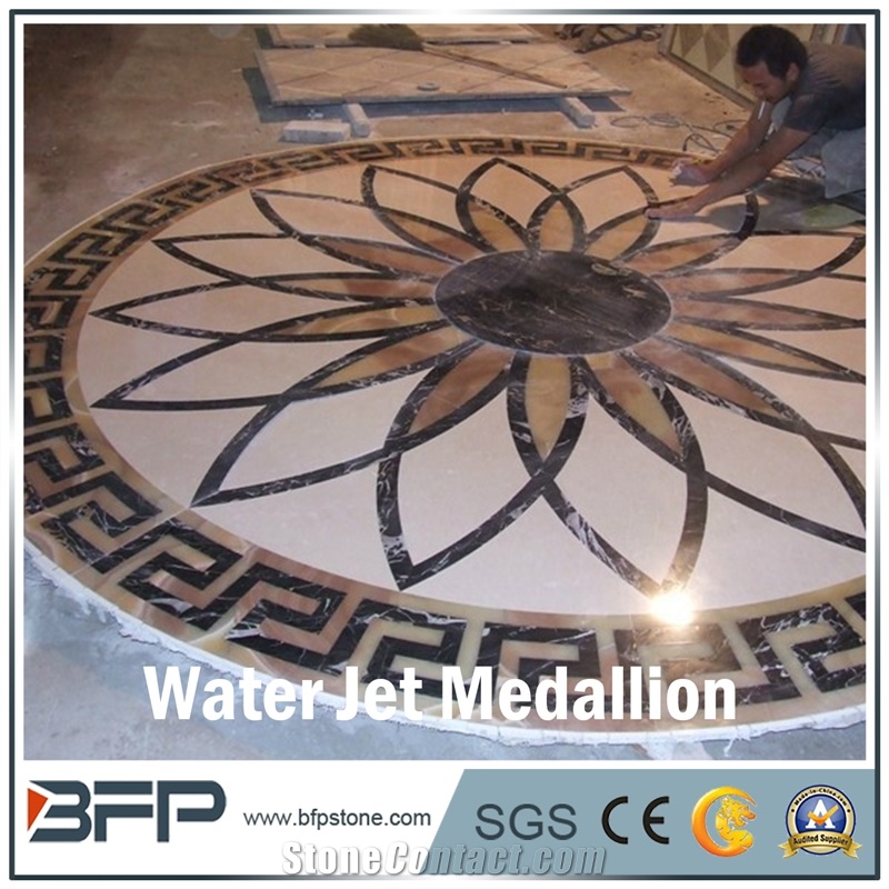 Floor Decoration Design, Coffee and Beige Marble Medallion, Marble Water Jet Pattern or Water Jet Medallion, Round Medallion, Rosettes Medallion, Floor Medallion for High-End Hotel and Wall Cladding