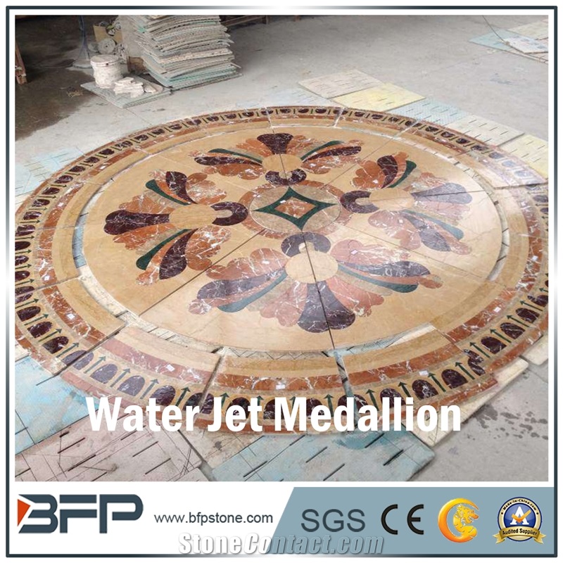 Floor Decoration Design, Marble Medallion, Marble Water Jet Medallion or Water Jet Pattern, Floor Medallion, Rosettes Medallion, Round Medallion, in Hotel Hall or Lobby