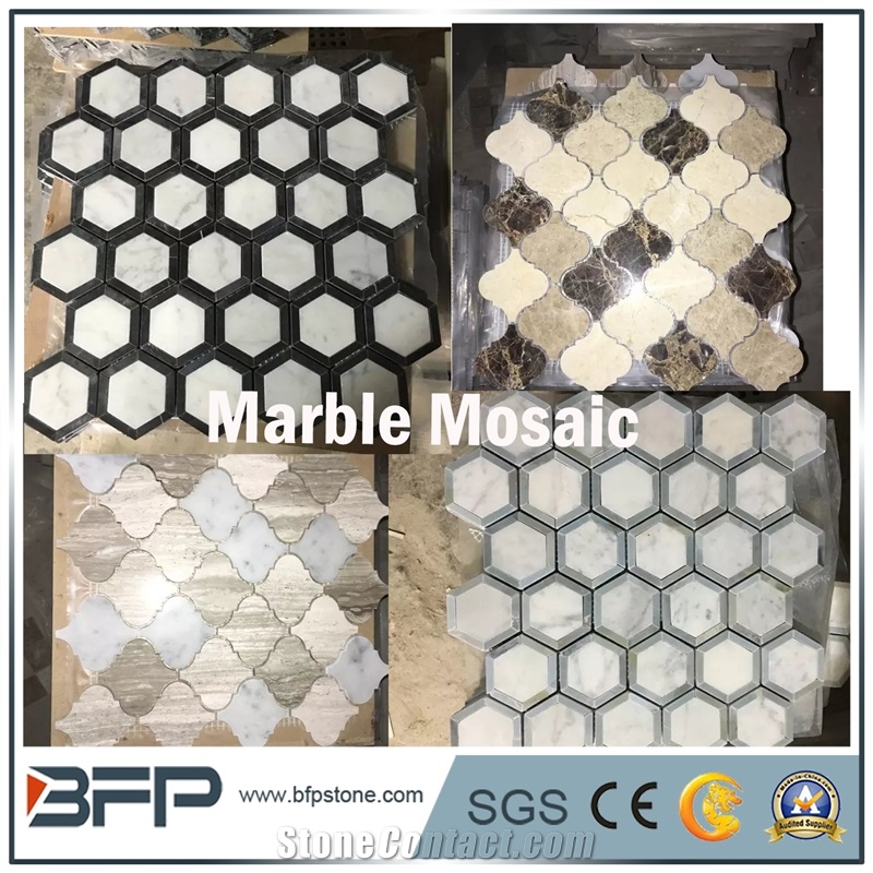 Mixed Color Marble Mosaic, White and Brown Marble Pattern, Polished Mosaic Tile, Mosaic Pattern