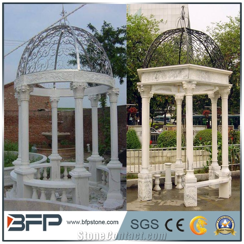 White Marble Garden Stone Gazebo with Iron Roof for Outdoor Decoration, Wanxia Red Pink Marble Gazebo