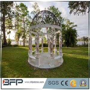 White Marble Garden Stone Gazebo with Iron Roof for Outdoor Decoration, Wanxia Red Pink Marble Gazebo