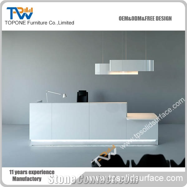 Blue Inside Long Shape Solid Surface/Artificial Marble Office Front Desk with Led Light