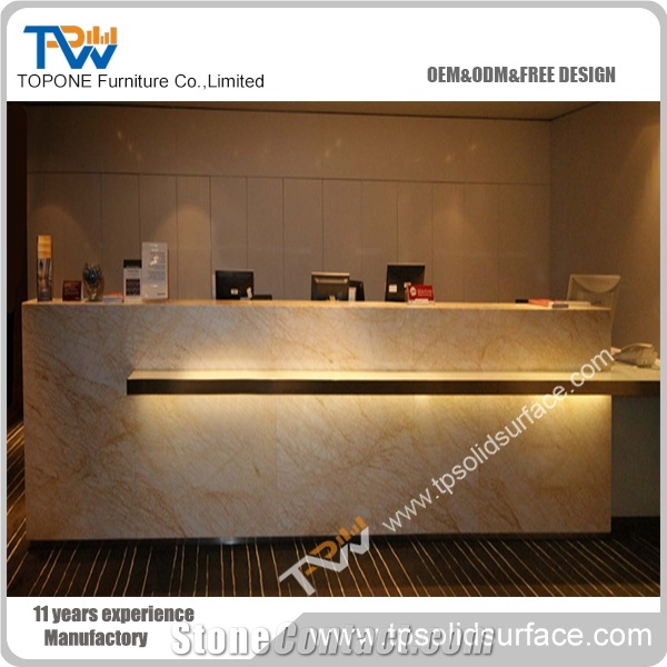 Brilliant Blue Led Lighting Decorated Solid Surface/Man-Made Stone Hotel Reception Counter Design