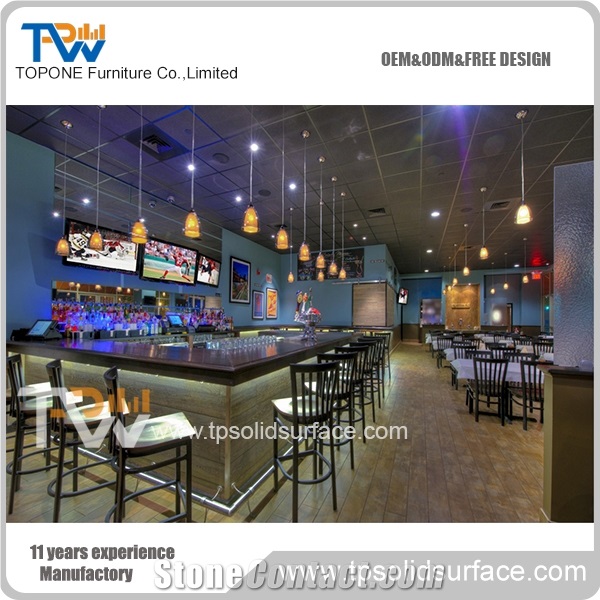 Commercial L Shape Design Wine Bar Counters with Black Color Artificial Marble Stone Desk Tops Design, Artificial Marble Stone Restaurant Counter with Corian Acrylic Black Table Tops Design