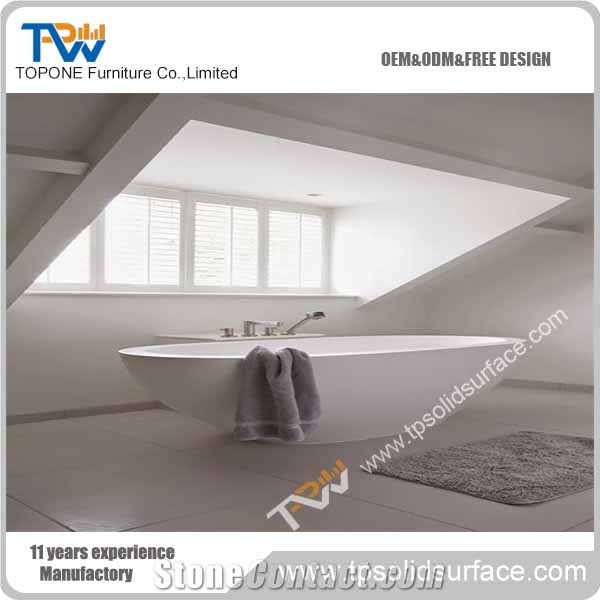 Corian Acrylic Solid Surface Oval Shape Bathtubs for Hotel Bathroom, Hotel Artificial Marble Stone White Color Bathtubs for Sale