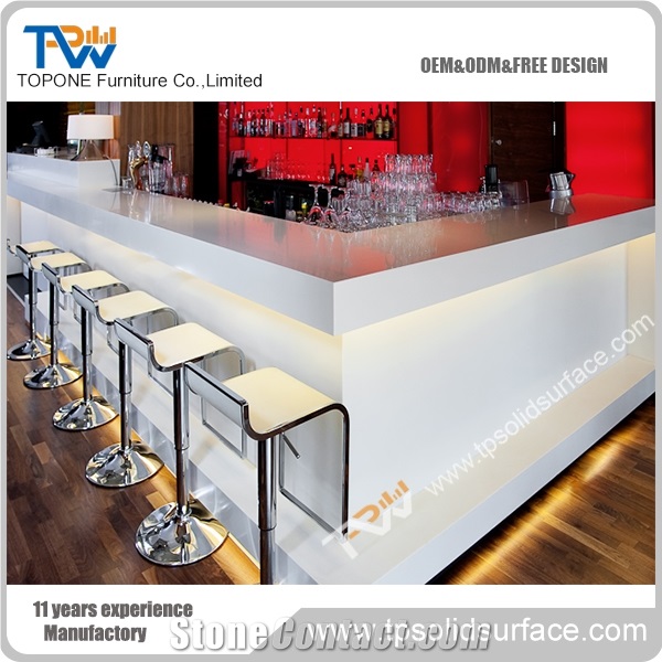 Corian Solid Surface Glacier White Marble Stone L Shape Bar Counter for Restaurant, White Marble Stone Bar Counter for Hotel