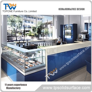 Corian Solid Surface L Shape Table Tops with Showcase for Restaurant, L Shape Showcase Display Bar Counter
