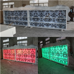 Custom Design Size Rgb Led Light Back Wine Cabinets for Night Bar, Solid Surface Cabinets and Tops for Cabinets