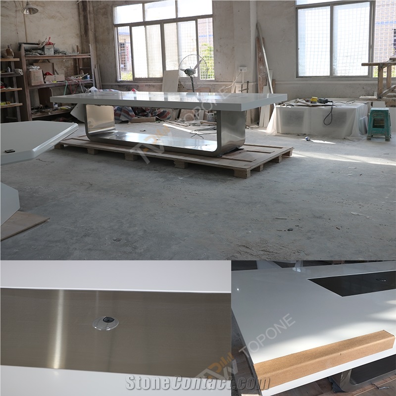 Factory Supplied White Artificial Marble Stone Office Table Tops and Stainless Steel Conference Table Legs for Sale,Corian Acrylic Solid Surface Meeting Table Tops with High Gloss Surface