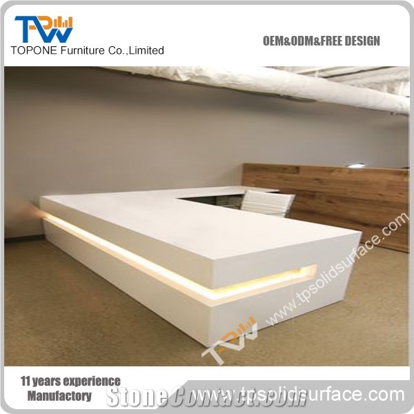 L Shape Artificial Marble Stone Reception Desk for Office Furnture,Acrylic Solid Surface Table Top Led Light Reception Desk