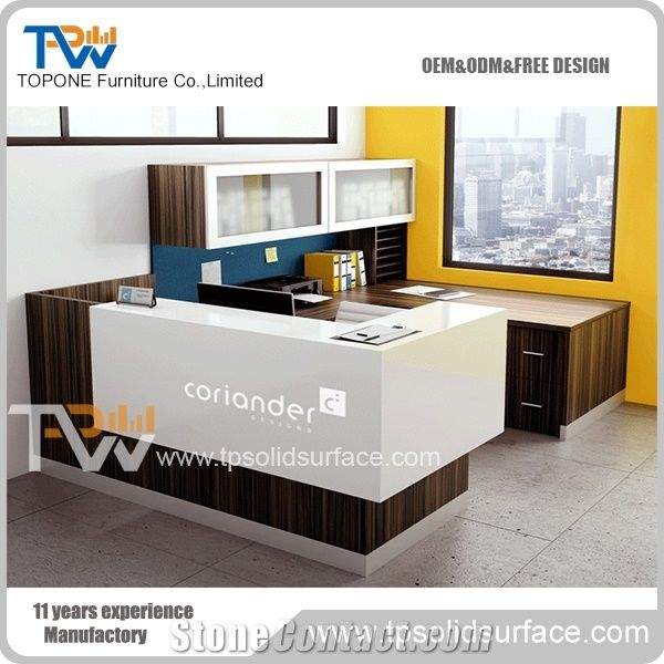 L Shape Corian Acrylic Solid Surface Reception Desk with White Artificial Marble Stone Work Tops for Office Furniture, Manmade Stone Reception Counter with Stone Tabletops for Sale in Chinese Facotry