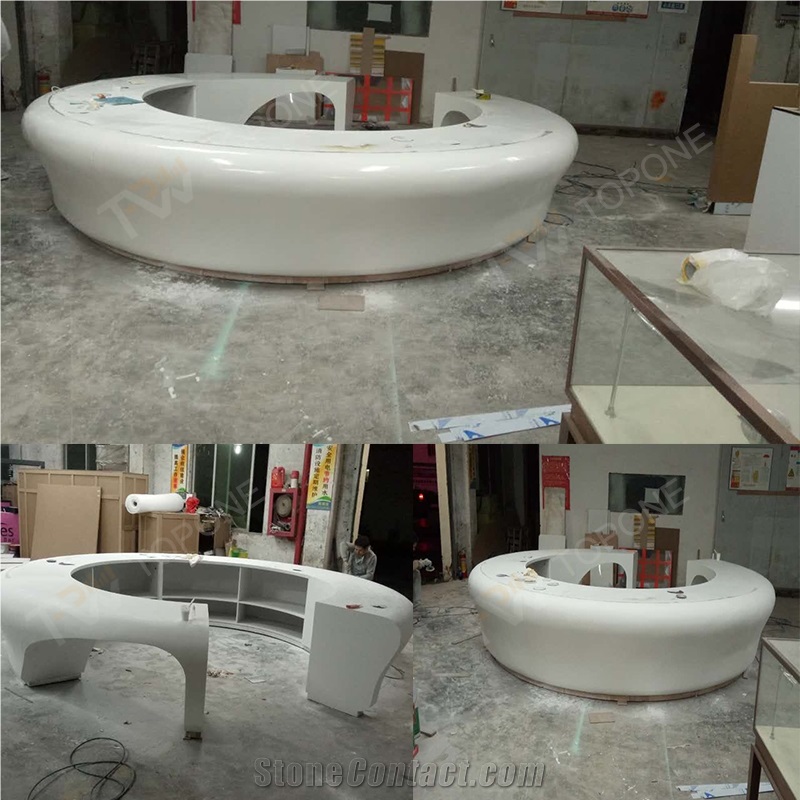 Round Special Design White Artificial Marble Shopping Mall Reception Counter with Table Top Design, Reception Desk for Shopping Mall with Artificial Marble Stone Desk Tops