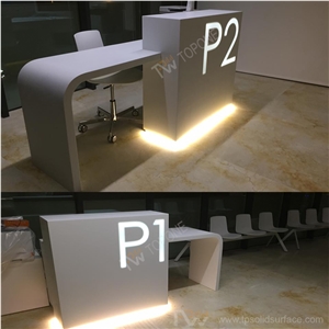 Small Office Corian Acrylic Solid Surface Front Reception Desk with Led Light Letters on Front Panel, White Artificial Marble Stone Reception Desk Tops with Led Light, Reception Counter Tops Design