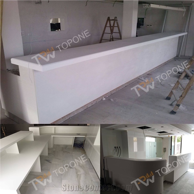 Straight Shape Factory Price White Office Reception Desk with Artificial Marble Stone Table Top Design, Corian Acrylic Solid Surface Reception Counter Table Tops Design for Sale