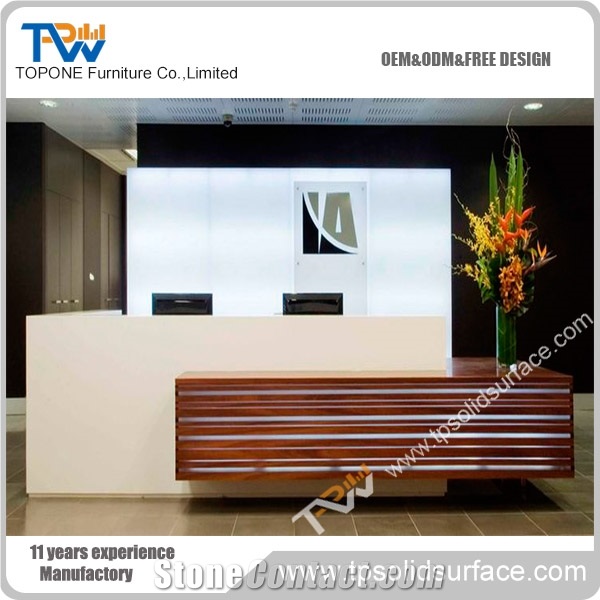Straight White Marble Stone Office Reception Table Design, Wooden and Corian Solid Surface Material Reception Desk for Sale
