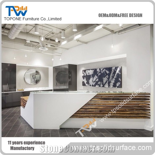 Straight White Marble Stone Office Reception Table Design, Wooden and Corian Solid Surface Material Reception Desk for Sale