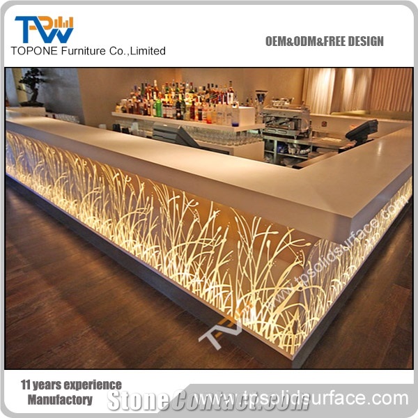 Topone Flower Carved Led Light New Design Bar Counter for Night Club, Led Light Artificial Marble Stone Bar Counter for Bar Furniture