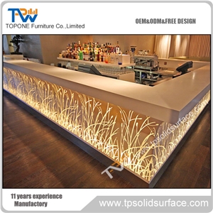 Topone Flower Carved Led Light New Design Bar Counter for Night Club, Led Light Artificial Marble Stone Bar Counter for Bar Furniture