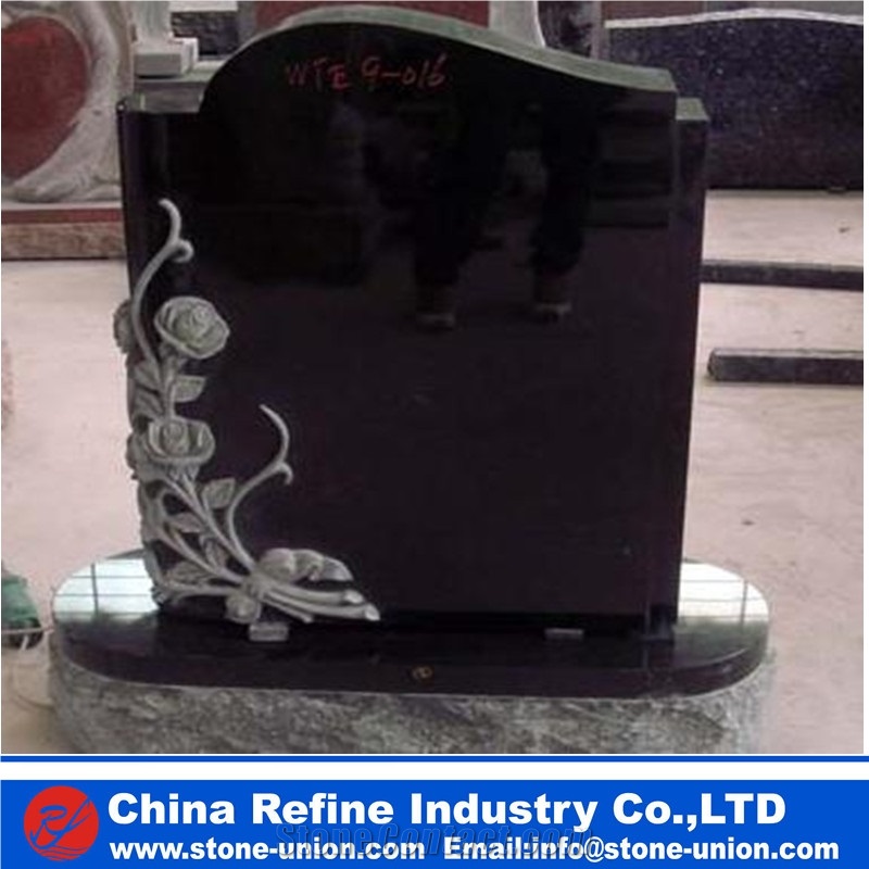 Angel Statue Headstone Heart Shape Tombstone, Shanxi Black Granite Monument with Carving Flower