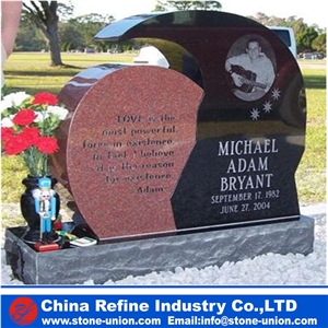 Angel Statue Headstone Heart Shape Tombstone, Shanxi Black Granite Monument with Carving Flower