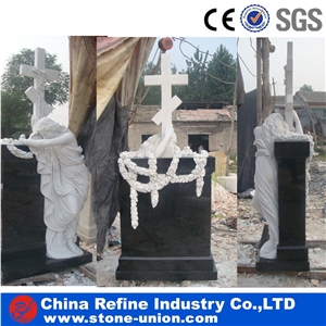 Engraved Granite Monument with Statue , China Black Granite Tombstone Headstone Monument , Angel Headstone Memorial Cemetery Monument,Cross Gravestone and Headstone Design,Russian and Poland Monuments