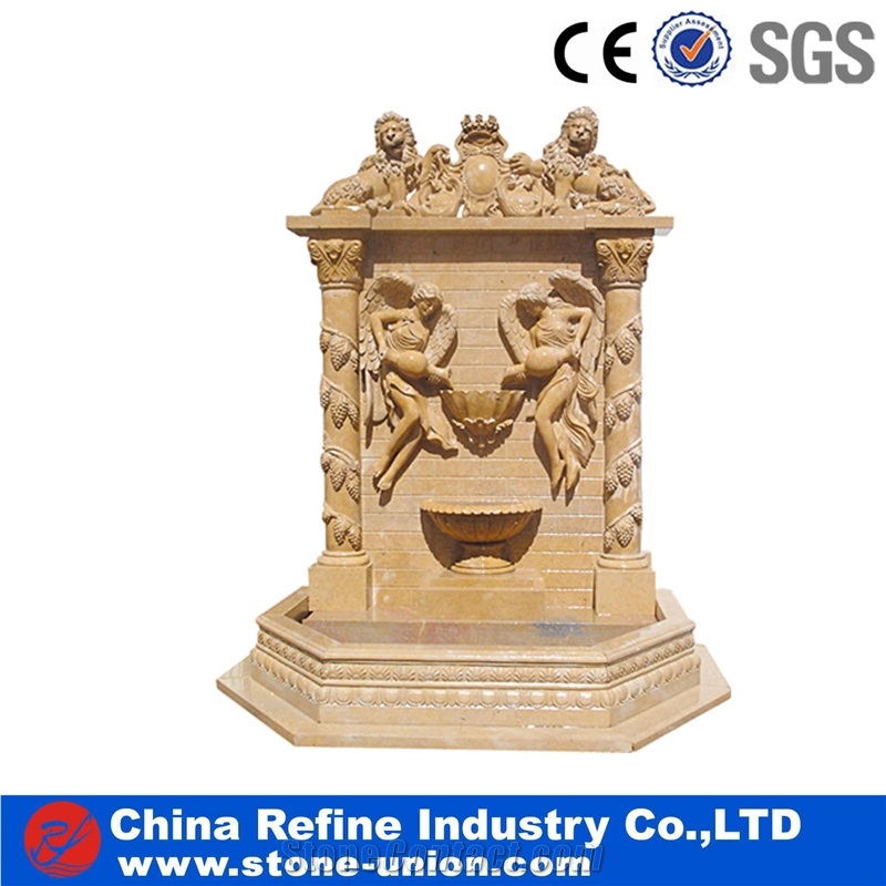 Yellow Travertine Handcarved Exterior Fountains for Wall Decoration