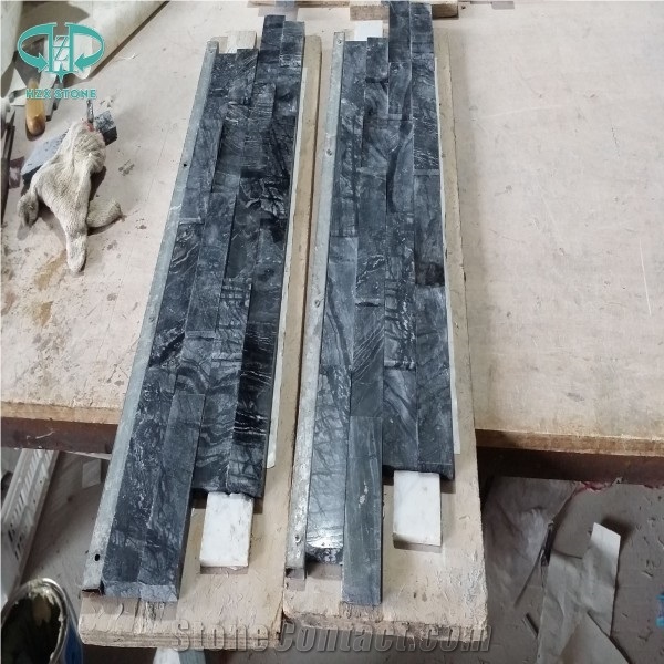 Black Forest Wood Marble Culture Stone Fireplace Surround Paver,Black Ancient Wood Marble Ledgestone,Black Wood Marble Stacked Stone Wall Paving, Wood Vein Black Marble Cultured Stone