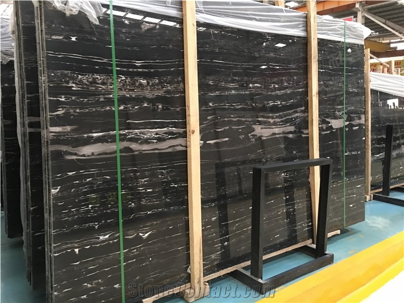1st Quality Silver Dragon,China Black Marble Silver Dragon Slabs & Tiles Blocks Nature Stone Straight Veins 18mm