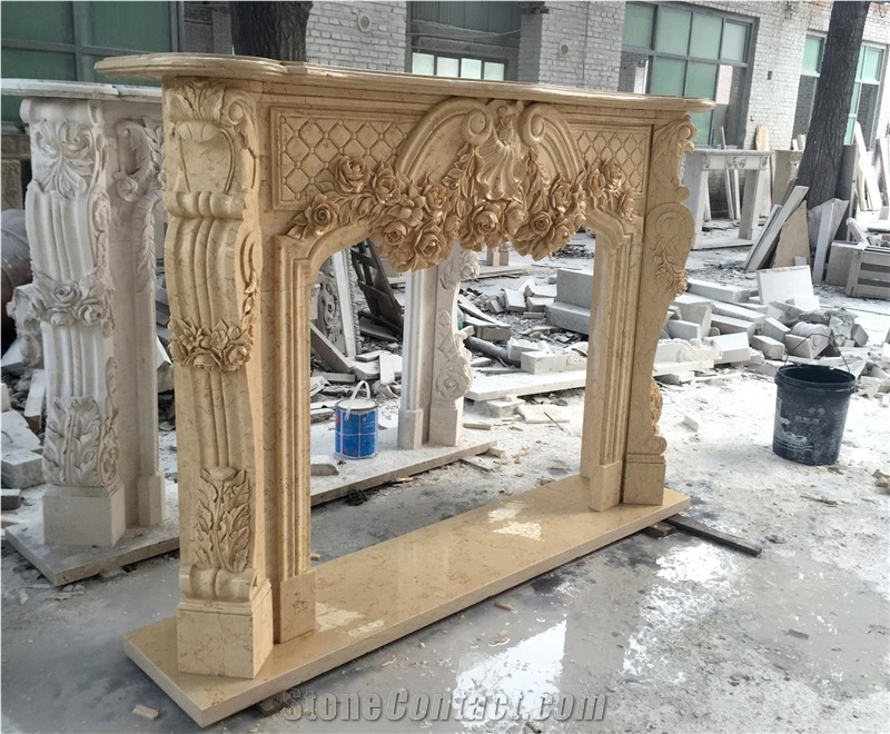 Beige Marble Fireplace Mantel Sculptured Marble Giallo Atlantide Fireplace for Project