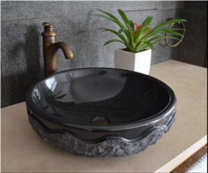 Black Granite Solid Surface Basin Shanxi Black Round Basin For Bathroom